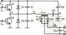 Принципиальная схема двухтактного полумостового преобразователя напряжения.