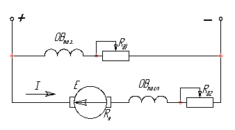 Схема включения электродвигателя постоянного тока смешенного возбуждения (ДПТ СВ)